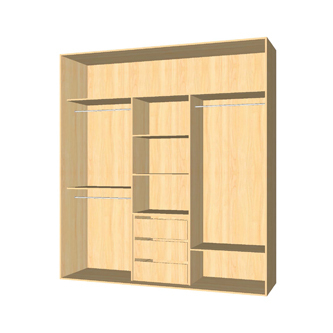 3 varões, 3 gavetas e 2 prateleiras. Três portas de correr ou 3 de batente.